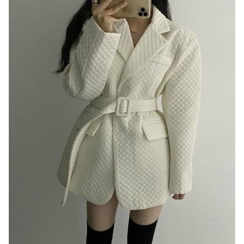 Women Winter Warm Blazer Parkas Coat Jacket Slim Waist Overcoat Single Breasted Plaid Outwear with Waistbelt