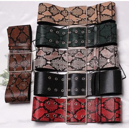 HATCYGGO Fashion Snake Leather Wide Belts for Women Elastic Wide European Style Women Belts Metal Round Buckle Dress Accessory