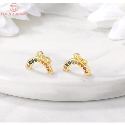4PCS 8x11MM Hole 4MM 24K Gold Color Plated Brass with Zircon Rainbow Charms Pendant Connector High Quality Jewelry Accessories