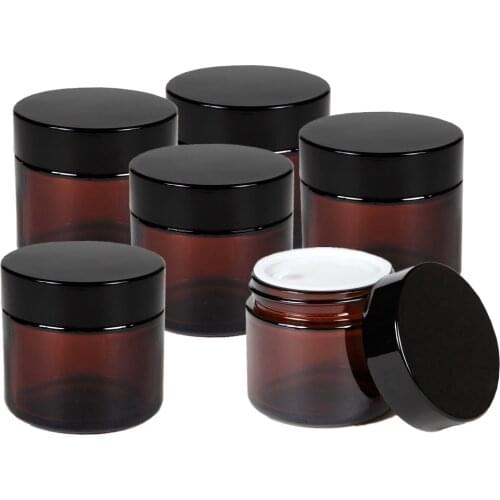 6 X 50g Round Amber Glass Jar Straight Sided Cream Jars w/ black plastic lid cap inner liner for Salve Homemade lotion cosmetics