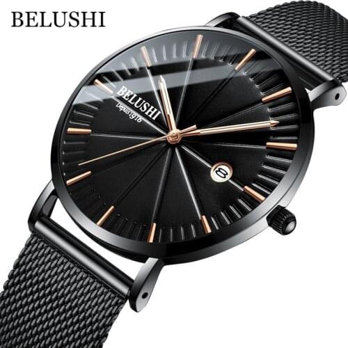 BELUSHI Mens Watches New Fashion Ultra Thin Quartz Watch Men Top Brand Luxury Full Steel Casual Waterproof Sport Wristwatch