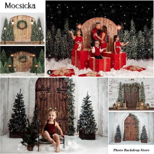 Winter Christmas Backdrop Photoshoot Xmas Fireplace Decor Vintage Wooden Door Professional Photo Props Studio Booth Background