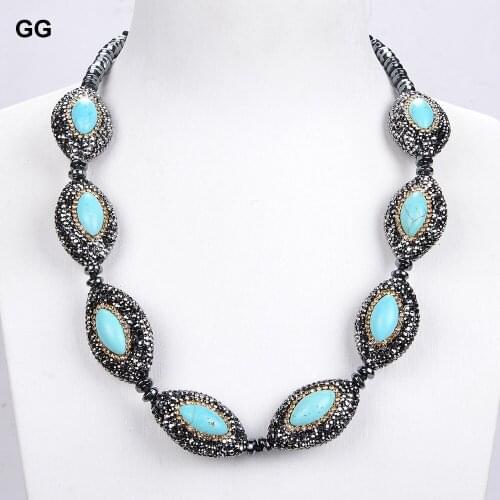 GG Jewelry Natural 20'' Blue Turquoises Gems Stone Black Crystal Paved Hematite Necklace For Women Lady Gift