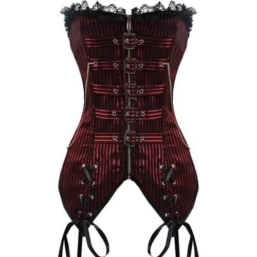 Red Striped Steampunk Gothic Waist Trainer Overbust Corset Zip Lace Up Corselets Top Nail Chain Decoration Espartilhos Corset