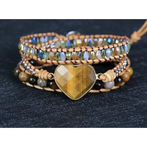 2021 Handmade tiger eye stone heart shape charm Leather Wrap Bracelet&Bangle lovers friendship yoga Jewelry drop shipping