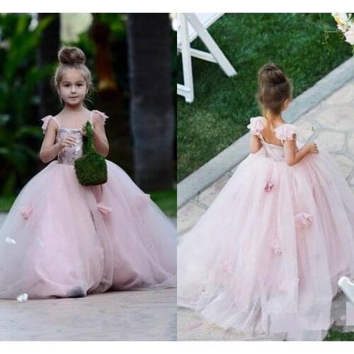 Crew Neck Flower Girls' Dresses for Weddings with Feathers Backless Applique Tulle Communion Dress Puffy Pageant Party Gowns
