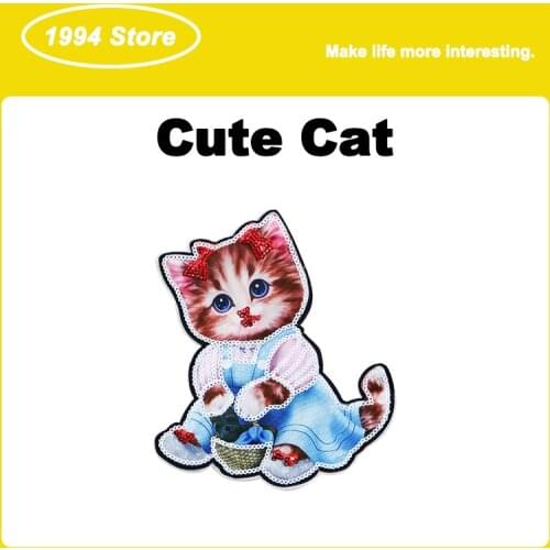 Cute Pussy Sequin Patch DIY Jacket Jeans Decorative Badges For Clothes Kids Cartoon Animal Embroidery Sewing Accessories Custom