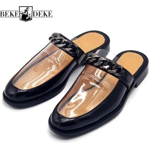 Runway Designer Mens Handmade Chain Transparent Slippers Cowhide Genuine Leather Slip On Sandals Flats Casual Mules Slides Shoes