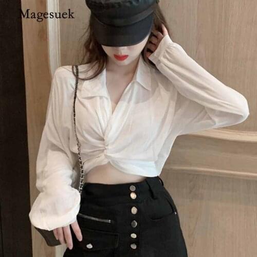 Trendy Fashion Sexy French Lapel White Shirt Women Short Tops Summer Navel Bandage All-match Long Sleeve Cotton Blouse 12048