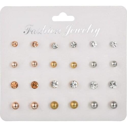 12 Pairs/set Stud Earrings Set With Card Transparent Crystal Balls Imitation Pearl Earrings Women Female Earrings Jewelry