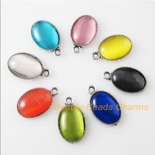 New 16Pcs Mixed Retro Tibetan Silver Stone Oval Charms Pendants 11.5x19mm