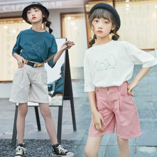New Cotton Girls Summer Clothes Set Casual T-Shirt and Short Pants Set Fashion Printed Kids and Teen Girls Two Piece Set, #8787