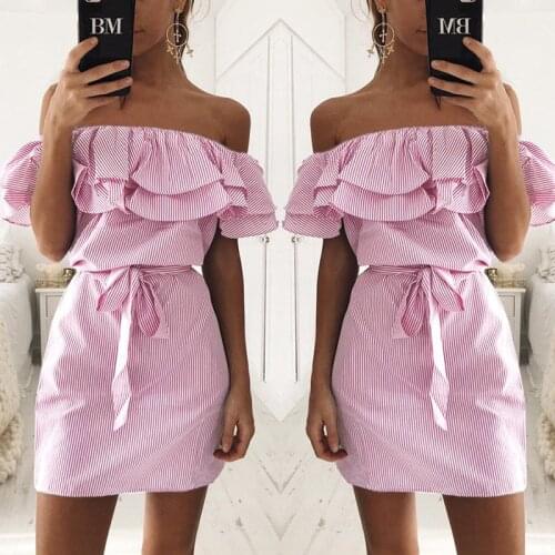 New Summer Women Pleated Dress Slash Neck Mini Dress Fashion Female Striped Dress With Sashes Ladies Party Vestidos Cute