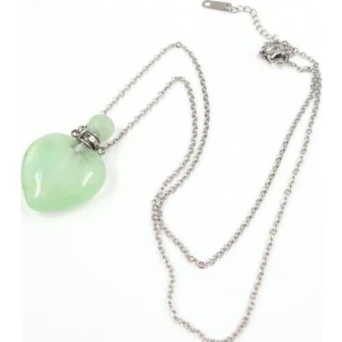 Romantic Style Silver Plated Love Heart Natural Fluorite Stone Pendant Perfume Bottle Necklace for Women Jewelry