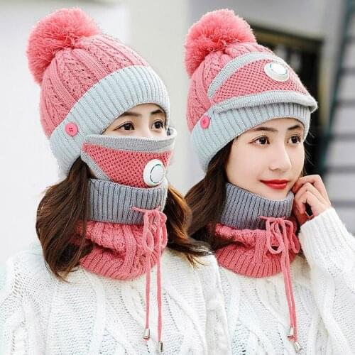 New Windproof Beanies Hat Women Warm Knit Hats Scarf Sets Female Winter Padded Mask Neck Protector 3 PC Set Cycling Wool Caps