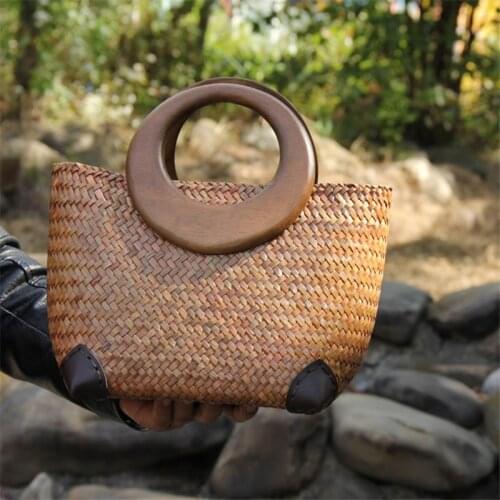 29x21CM Thailand Straw Bag Handwoven Women Handbag Rattan Woven Pouch Original Wooden Handle Handmade Bag a6100