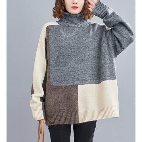 NYFS Autumn Winter Knitted Turtleneck Sweater 2021Casual Basic Pullover Korean Big Size stitching Long Sleeve Loose Tops