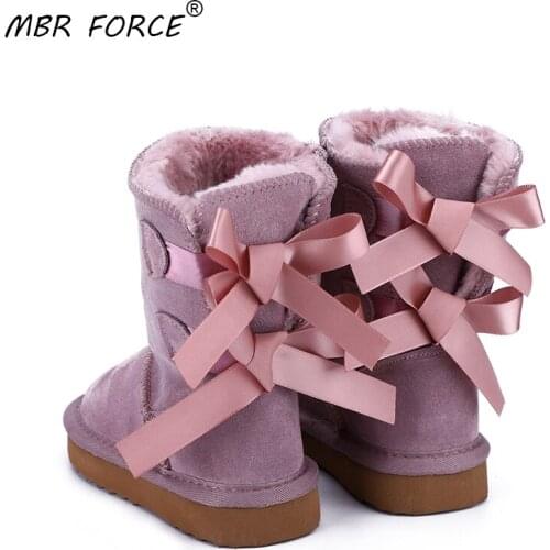 MBR FORCE High Quality Children winter snow boots genuine leather boots mid-calf Lace up bow-knot boots Boy and girl dusk shoes
