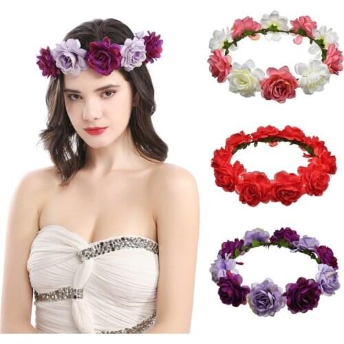 Women Flower Crown Bohemian Headdress Summer Beach Rose Hairband Wreath Novelty Tiaras Hair Accessories
