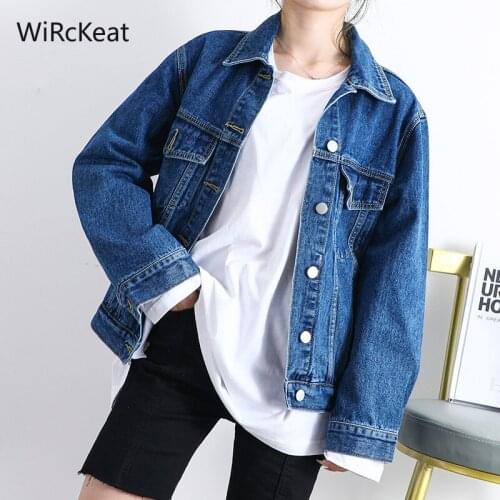 Vintage Women Jacket 2020 Autumn Winter Oversize Denim Jackets Washed Blue Jeans Coat Turn-down Collar Outwear Bomber Jacket