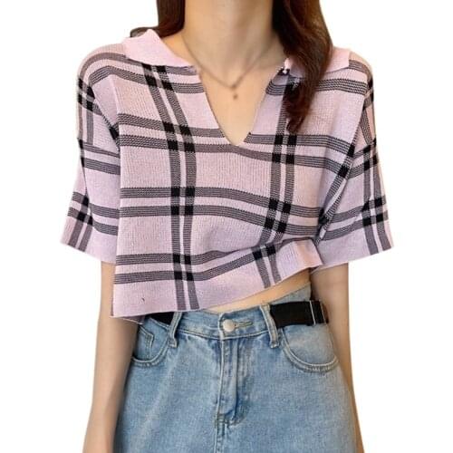 Daxin Womens Loose Plaid V Neck T-Shirt Korean Style Summer Female Crop Top Ladies Shirt Short Sleeves Knitted Tops