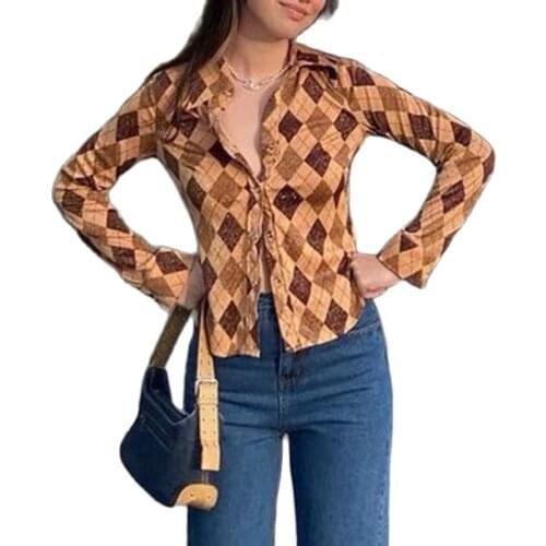 Kawaii Basic Argyle Printed Preppy Brown Vintage T Shirt Women Casual Autumn Y2K Harajuku Long Sleeve T-shirt