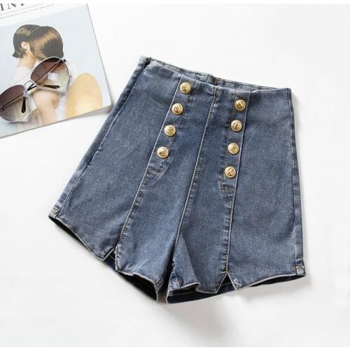 2020 New Metal Double Breasted High Waist Thin Jeans Denim Shorts Fashion Korean Womens Elastic A-line Shorts