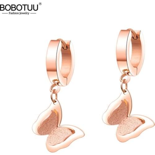 BOBOTUU Fashion Frosted Double-layer Butterfly Earrings For Women Titanium Steel Rose Gold Color Female Hoop Earrings BE17084