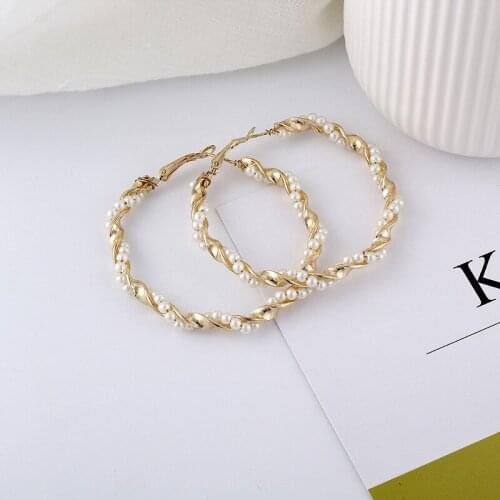 Dreamtop 50x50mm Fashion Big Hoop Earrings Women Jewelry Loop Earing Circle Round Simulated Pearl Earings Wedding Earrings E90