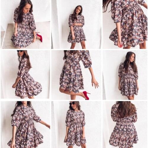Fashion bloosm printing mini dress back zipper summer dresses womens short sleeve elastic waist vestidos