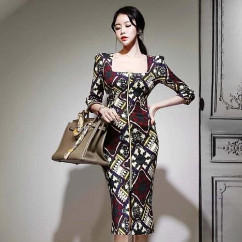 High Quality Women Vintage Luxury Printing Zipper Slim Package Hip Sheath Dress Autumn Lady Half Sleeve Party Dresses Vestidos