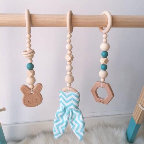 3Pcs/Set Baby Teether Play Gym Toy Bunny Shape Wooden Rings Pendant Pram Hanging Rattles Toy Chain Hanging Teether Toy Stroller