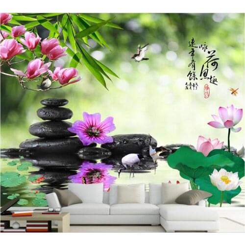 Custom photo 3d room wallpaper picture lotus pond lotus stone crane decoration painting 3d wall murals wallpaper for walls 3 d