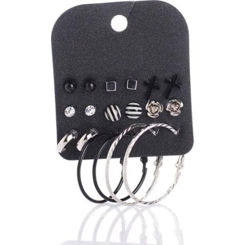 9Pairs Steampunk Stripe Round Stud Earings Set Fashion Jewelry Punk Ethnic Cross Circle Stud Earrings Oorbellen