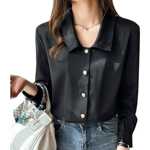 Black Peter Pan Collar Shirt Women Casual Long Sleeve Button 2021 Spring Chiffon Blouse White Ladies Top Femme Blusas y Camisas