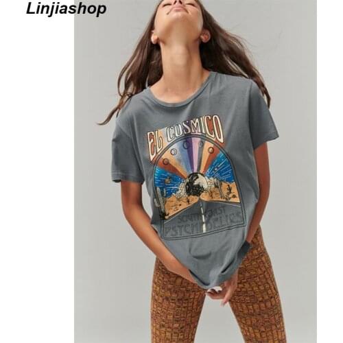 Spring summer baggy tee fashion ribbed collar for texture screen printed oversized fit cotton tshirt for women