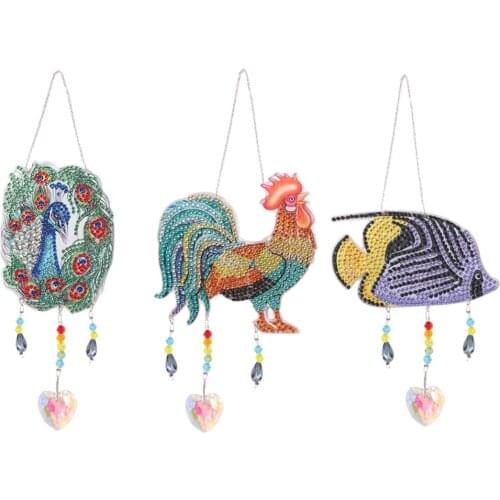 DIY Diamond Painting Kits Mosaic Prisms Hanging Peafowl Rooster Fish Crystal Wind Chime for Window Curtains Home Garden Decor