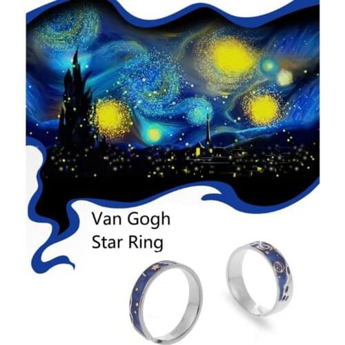 2Pcs S925 Silver Plated Van Gogh Blue Starry Sky Open Lover Rings Band Jewelry R7RF