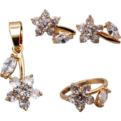 Trendy Wedding Fashion Jewelry Sets accessories White Zircon Women Luxury Flower Hoop Gold Earrings Rings Necklace Pendant