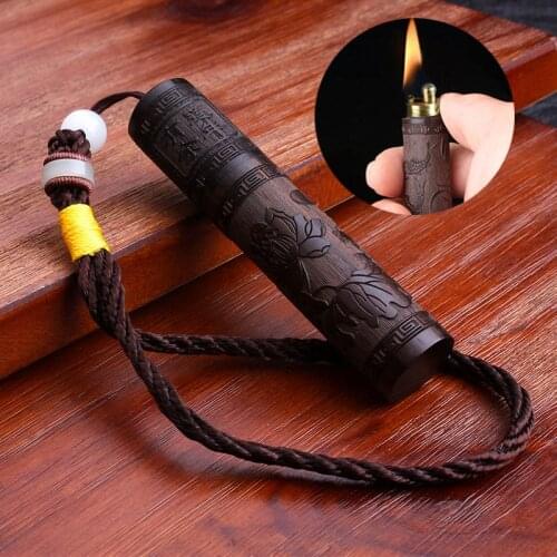 Creative ebony shell cylindrical wood grinding wheel retro kerosene lighter Pendant mini portable