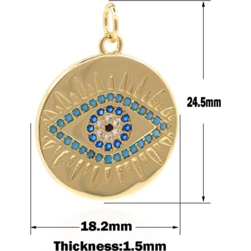 Cubic Zirconia Evil Eye Disc Pendant, Lucky Evil Eye Pendant, CZ Micropavé Bracelet Pendant 24.5×18.2×1.5mm