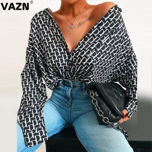 VAZN 2020 Hot List Young Elegant Striped Print Special Sexy Soft Top Fashion Deep V-Neck Short Sleeve Women Slim Tees