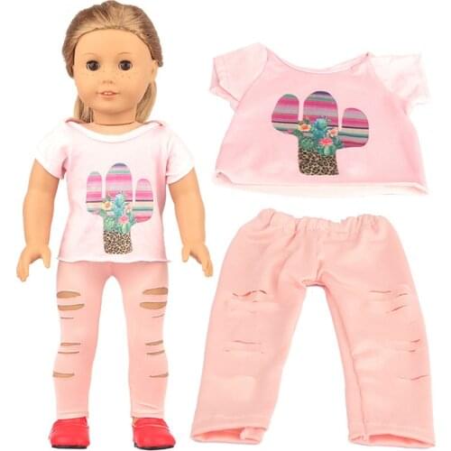 Fashion New Pattern Popular Pink T-Shirt Print Suit Fit 18 Inch American&43cm Baby New Born Doll Clothes Accessories,Girls Toys