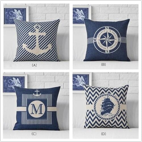 Sea Blue Compass Printed Cushion Cover Anchor Pattern Marine Ship Throw Pillow Case Decorative Pillowcase Cojines Almofadas