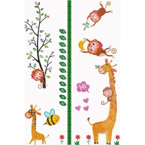 Cartoon Animals Height Measure Diamond Painting Wall Sticker For Kids Rooms Growth Chart Nursery Room Decor Wall Art