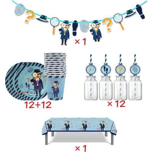 38pcs for 12 Kids Detective Secret Agent Theme Birthday Party Supplies Tableware Set Plate Glass Straw Banner Tablecloth Etc