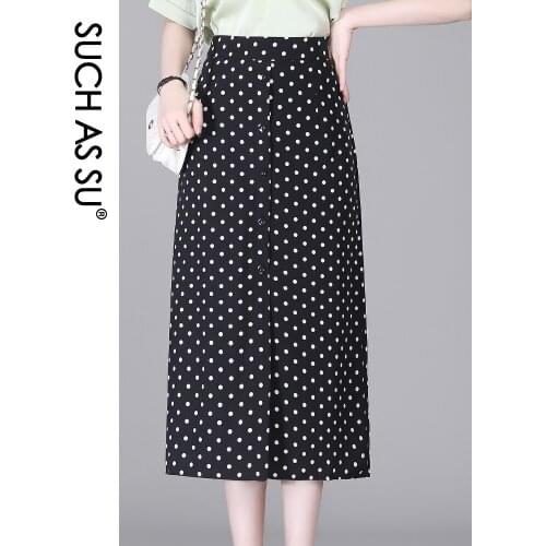 New Mid Long Spring Summer Skirts Womens Black Dot Chiffon Pencil skirt High Waist Ruffle Skirt S-3XL Size Slim Female 21113