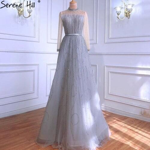 Muslim Grey A-Line Luxury Evening Dresses 2021 Long Sleeves Beading Gowns For Woman Wedding Party BLA71014 Serene Hill