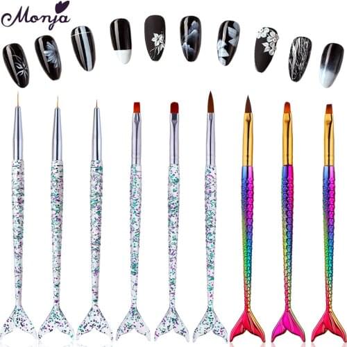 Monja 3Pcs Mermaid Handle Nail Art French Stripe Lines Liner Painting Brush Pattern DIY Design Drawing Pen Manicure Tool