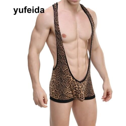 Yufeida Leopard Print Sexy Mens Underwear Undershirts Wrestling Singlet Jumpsuits Open Butt Bodysuit Lingerie Penis Pouch Boxers